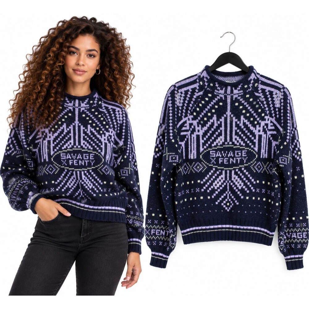 New Savage X Fenty Frost Smitten Fair Isle Knit Sweater Size Medium Navy Purple
